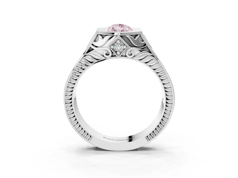 White gold Hexagonal Bezel Fancy Pink Pear Cut Diamond Engraved Band Prong Ring_72