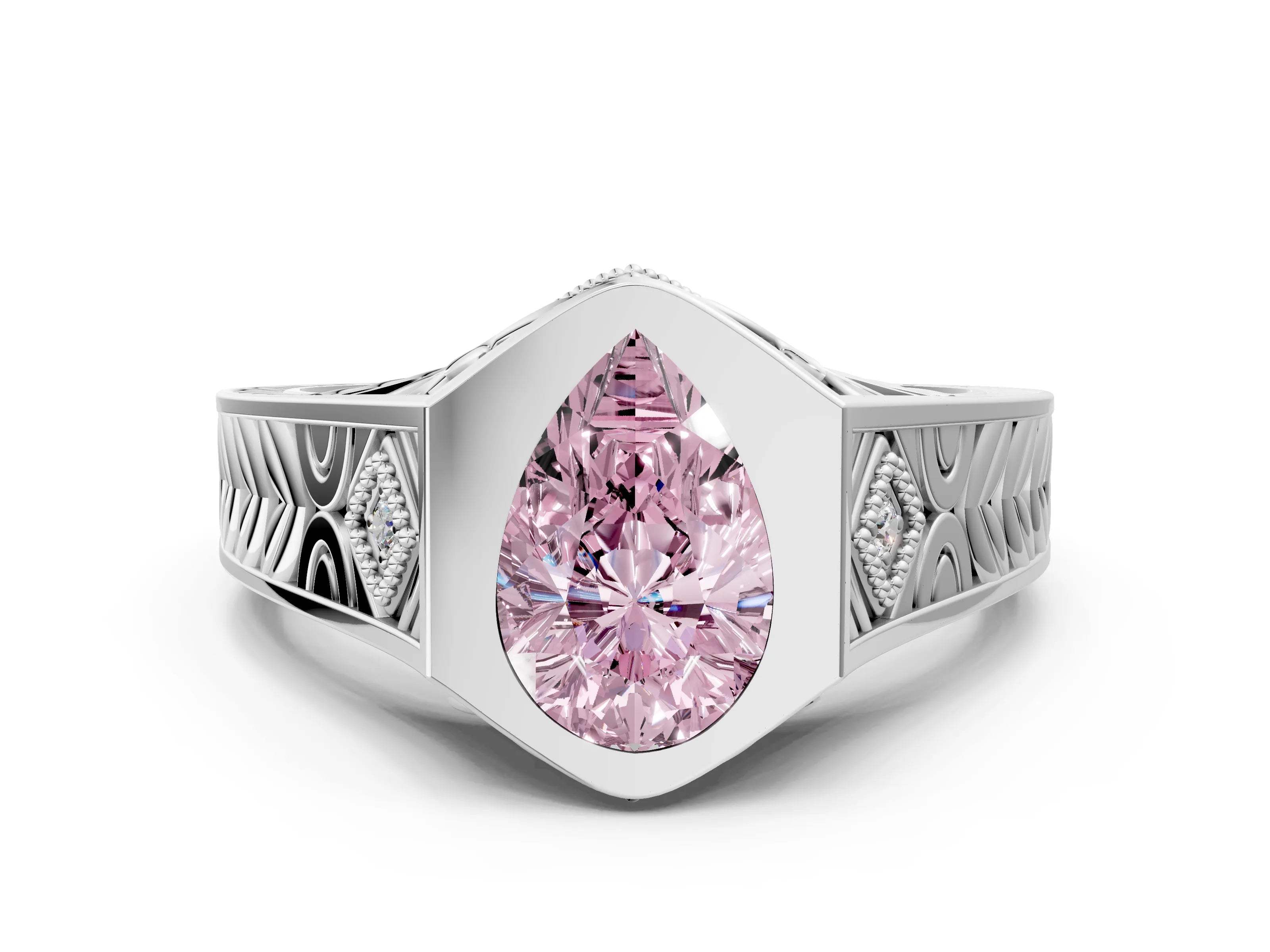 White gold Hexagonal Bezel Fancy Pink Pear Cut Diamond Engraved Band Prong Ring