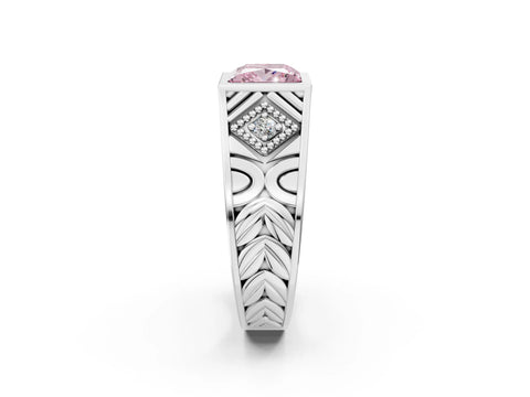 White gold Hexagonal Bezel Fancy Pink Princess Cut Diamond Engraved Band Prong Ring_2
