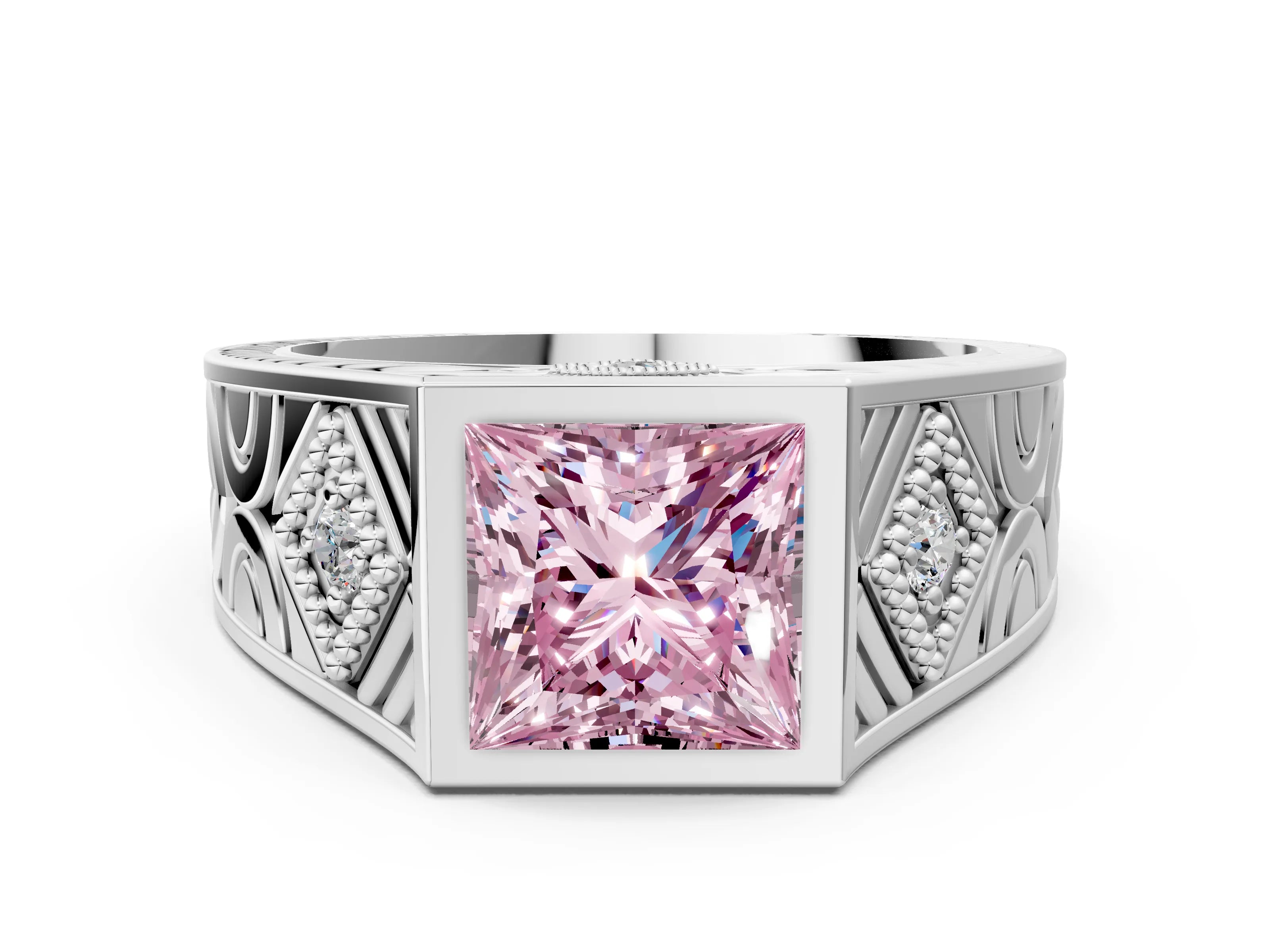 White gold Hexagonal Bezel Fancy Pink Princess Cut Diamond Engraved Band Prong Ring