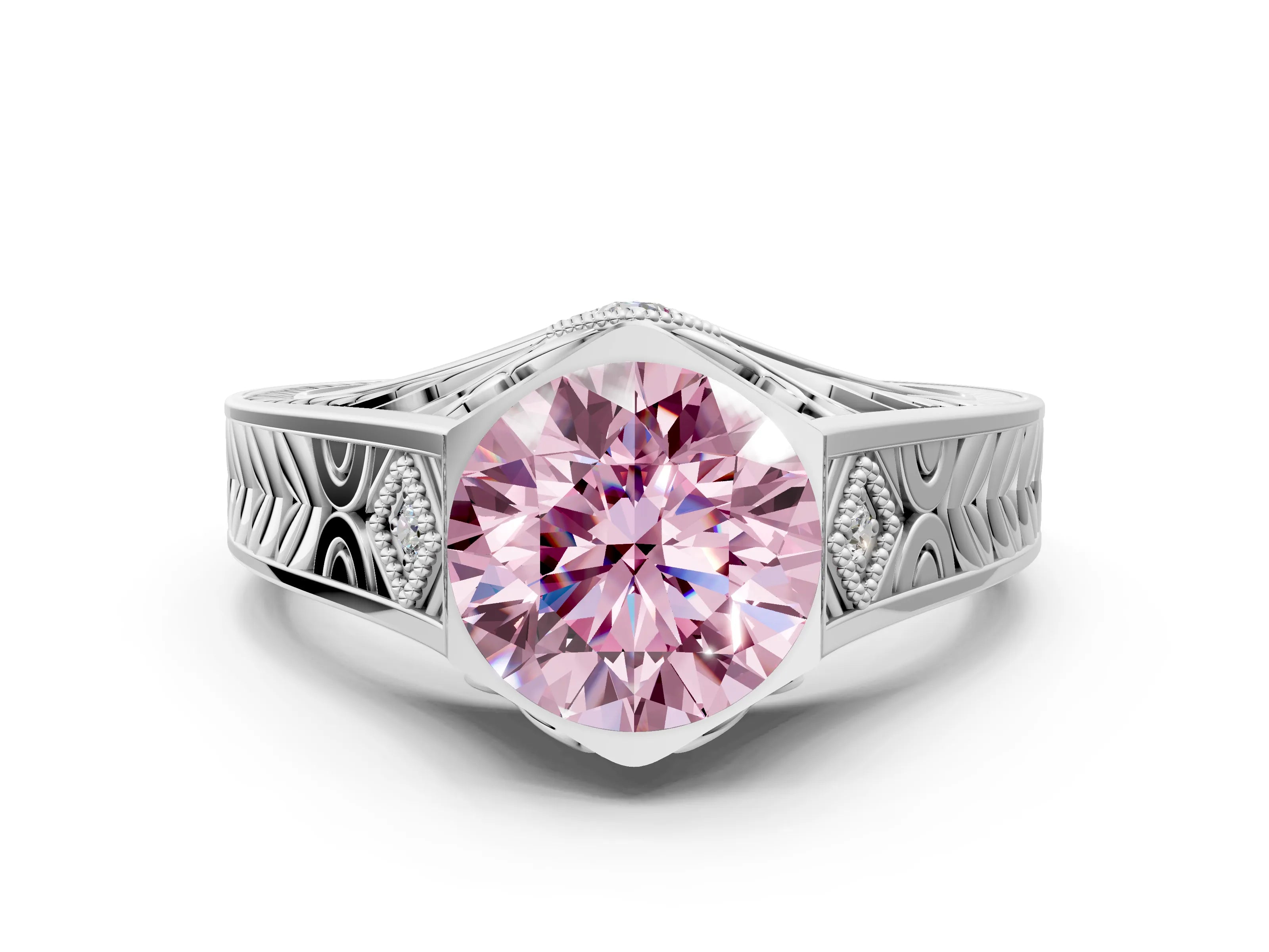 White gold Hexagonal Bezel Fancy Pink Round Cut Diamond Engraved Band Prong Ring_18