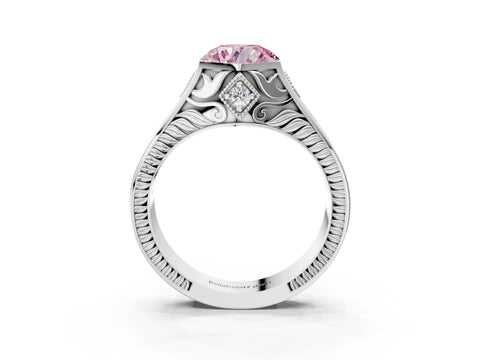 White gold Hexagonal Bezel Fancy Pink Round Cut Diamond Engraved Band Prong Ring_21
