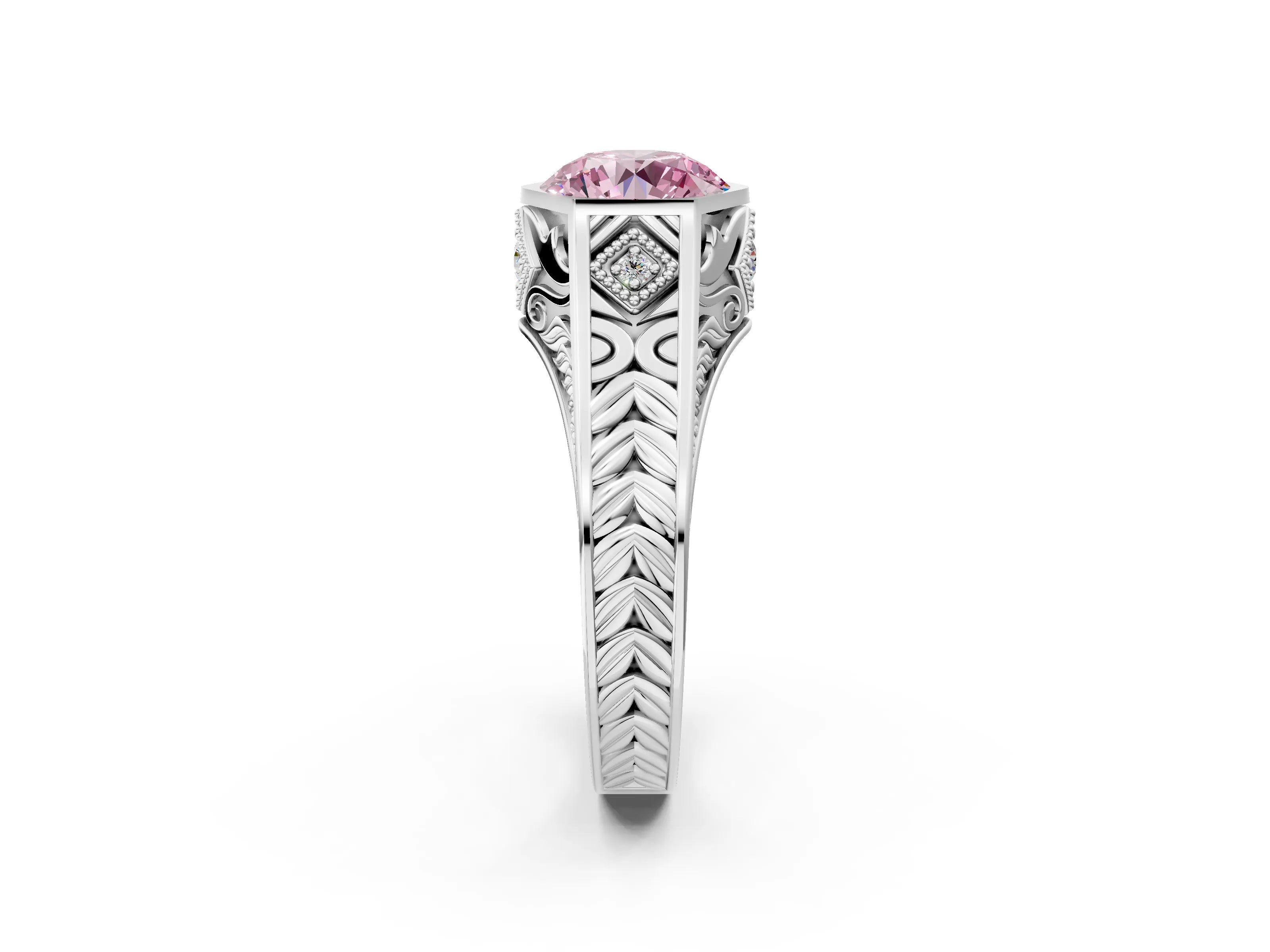White gold Hexagonal Bezel Fancy Pink Round Cut Diamond Engraved Band Prong Ring_2