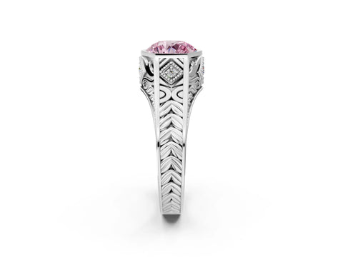 White gold Hexagonal Bezel Fancy Pink Round Cut Diamond Engraved Band Prong Ring_2