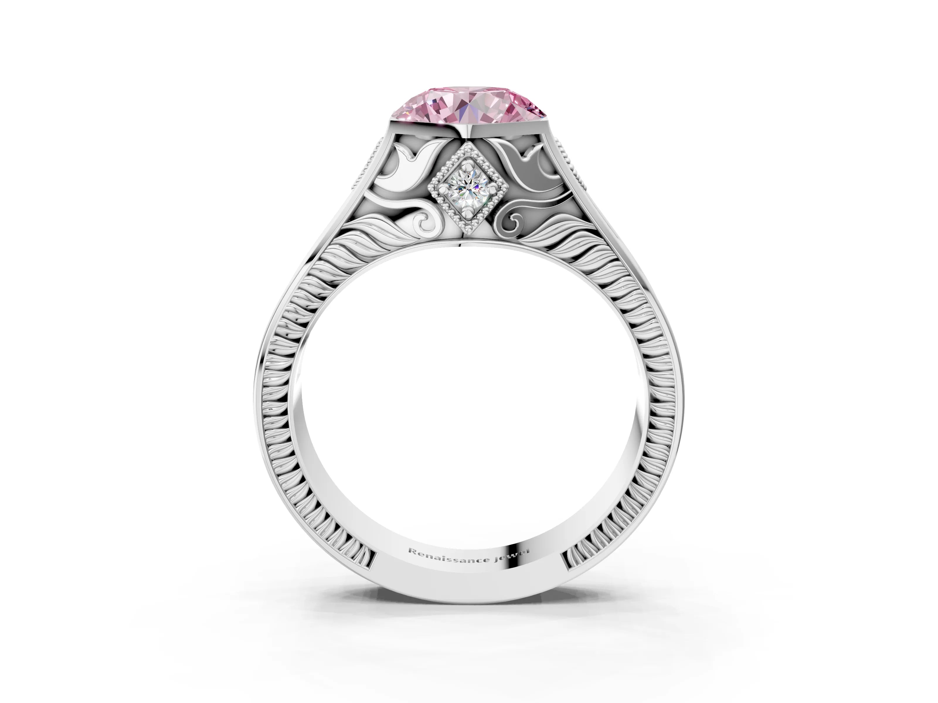 White gold Hexagonal Bezel Fancy Pink Round Cut Diamond Engraved Band Prong Ring_3