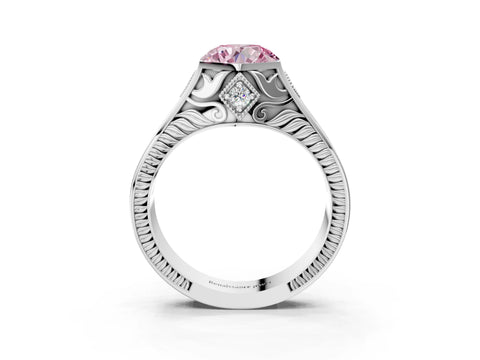 White gold Hexagonal Bezel Fancy Pink Round Cut Diamond Engraved Band Prong Ring_3
