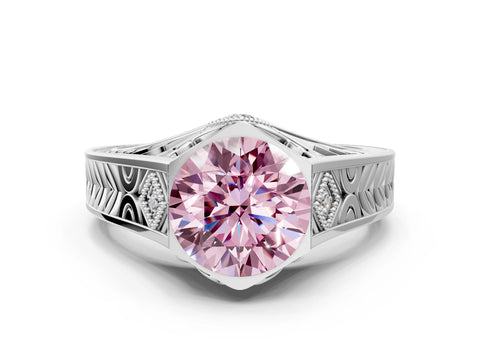 White gold Hexagonal Bezel Fancy Pink Round Cut Diamond Engraved Band Prong Ring_6