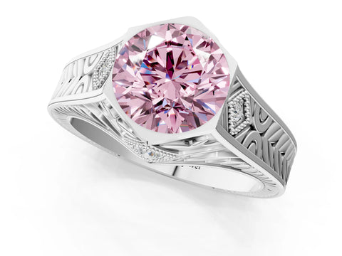 White gold Hexagonal Bezel Fancy Pink Round Cut Diamond Engraved Band Prong Ring_7