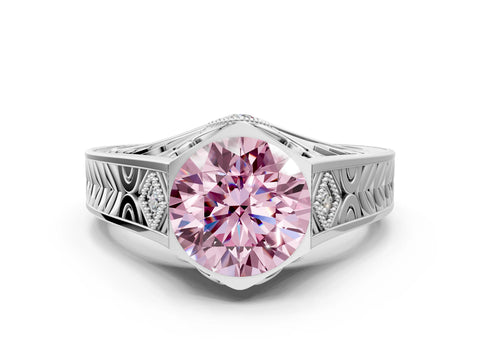 White gold Hexagonal Bezel Fancy Pink Round Cut Diamond Engraved Band Prong Ring