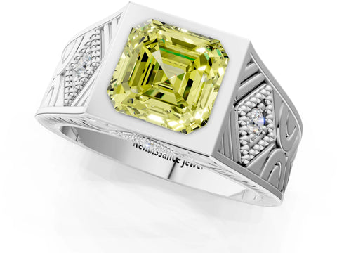 White gold Hexagonal Bezel Fancy Yellow Asscher Cut Diamond Engraved Band Prong Ring_1