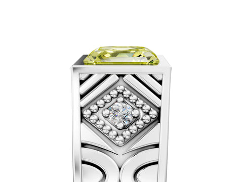 White gold Hexagonal Bezel Fancy Yellow Asscher Cut Diamond Engraved Band Prong Ring_29