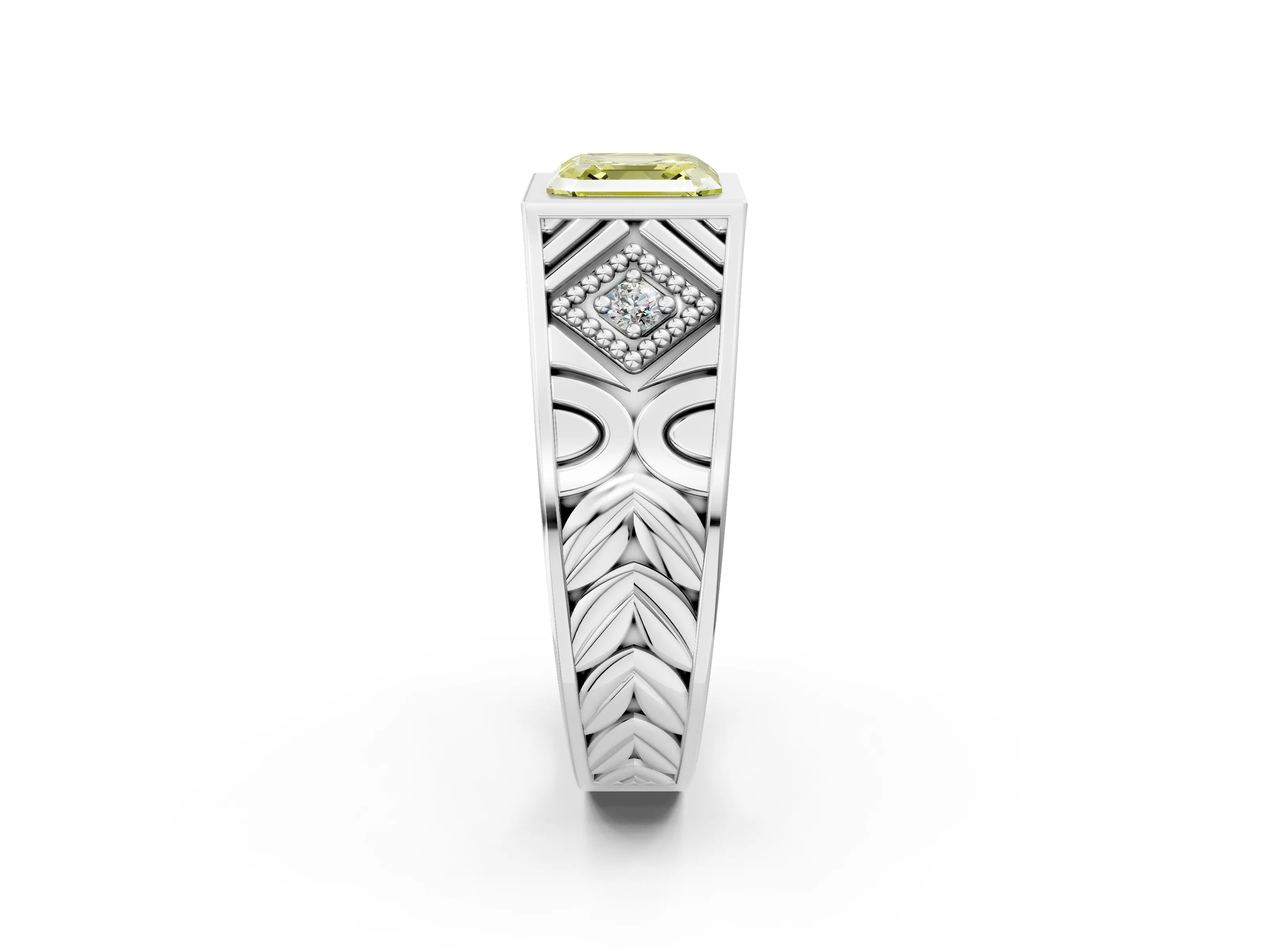 White gold Hexagonal Bezel Fancy Yellow Asscher Cut Diamond Engraved Band Prong Ring_2