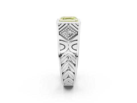 White gold Hexagonal Bezel Fancy Yellow Asscher Cut Diamond Engraved Band Prong Ring_2