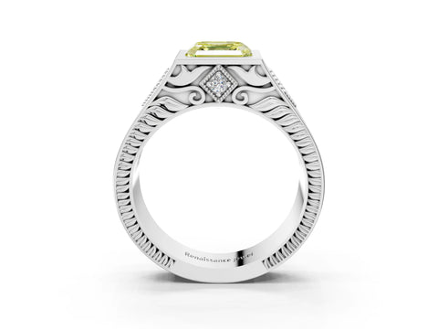 White gold Hexagonal Bezel Fancy Yellow Asscher Cut Diamond Engraved Band Prong Ring_3
