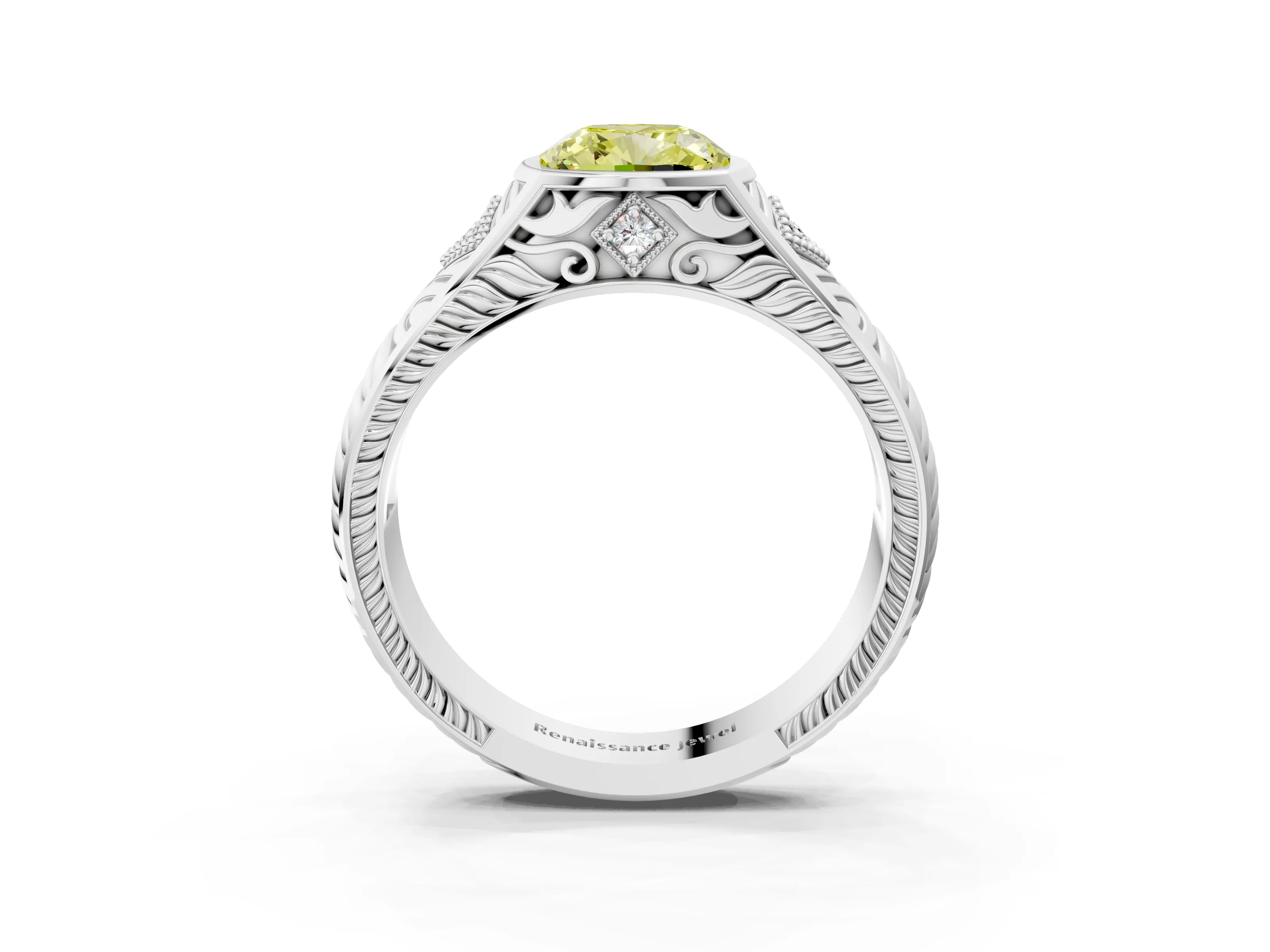 White gold Hexagonal Bezel Fancy Yellow Cushion Cut Diamond Engraved Band Prong Ring_3