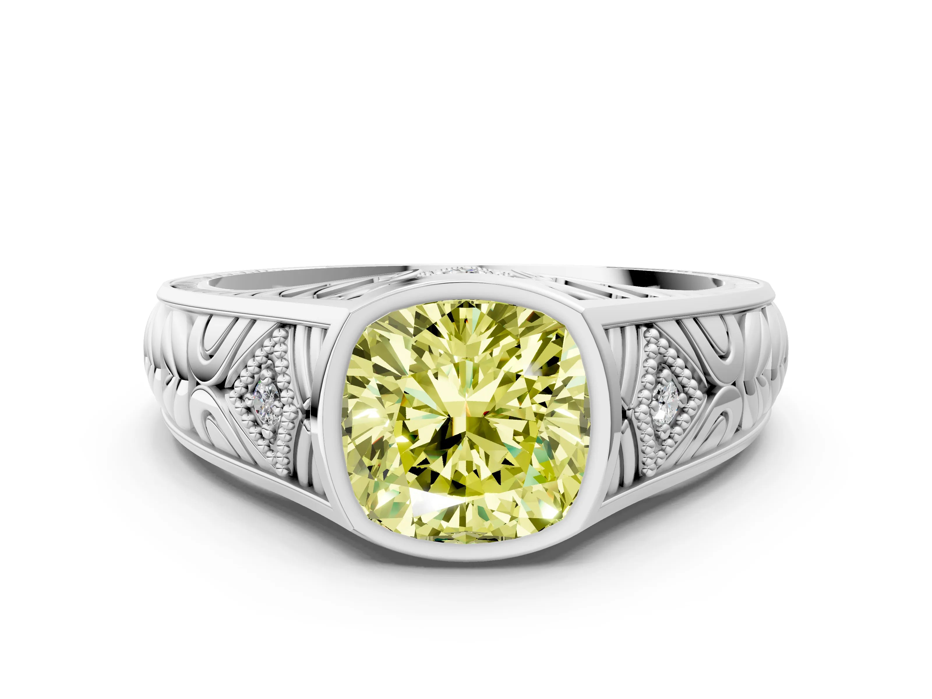White gold Hexagonal Bezel Fancy Yellow Cushion Cut Diamond Engraved Band Prong Ring