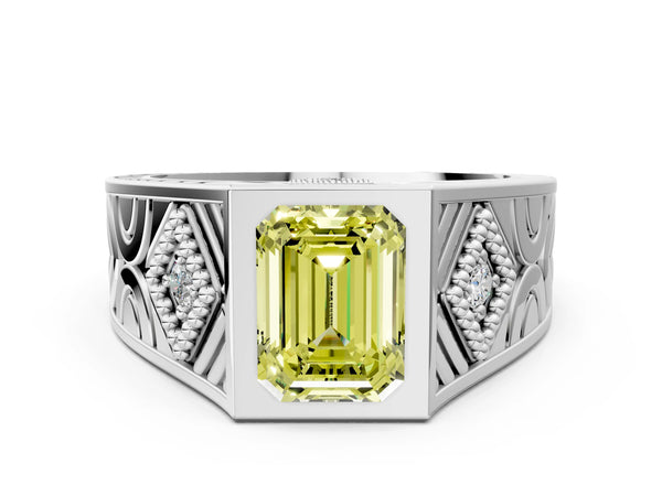 White gold Hexagonal Bezel Fancy Yellow Emerald Cut Diamond Engraved Band Prong Ring