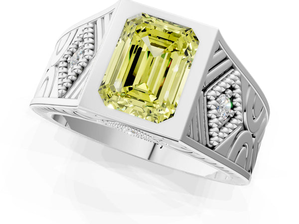 White gold Hexagonal Bezel Fancy Yellow Emerald Cut Diamond Engraved Band Prong Ring