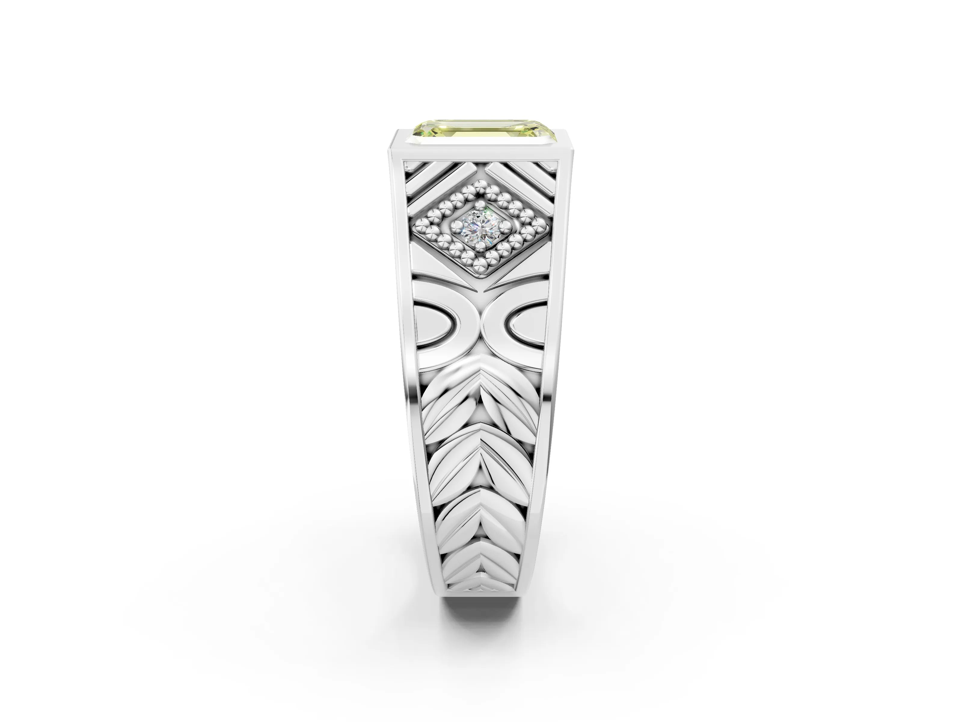 White gold Hexagonal Bezel Fancy Yellow Emerald Cut Diamond Engraved Band Prong Ring_14