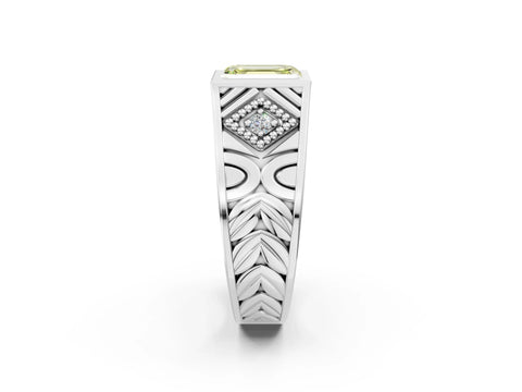 White gold Hexagonal Bezel Fancy Yellow Emerald Cut Diamond Engraved Band Prong Ring_14