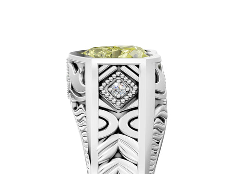 White gold Hexagonal Bezel Fancy Yellow Heart Cut Diamond Engraved Band Prong Ring_5