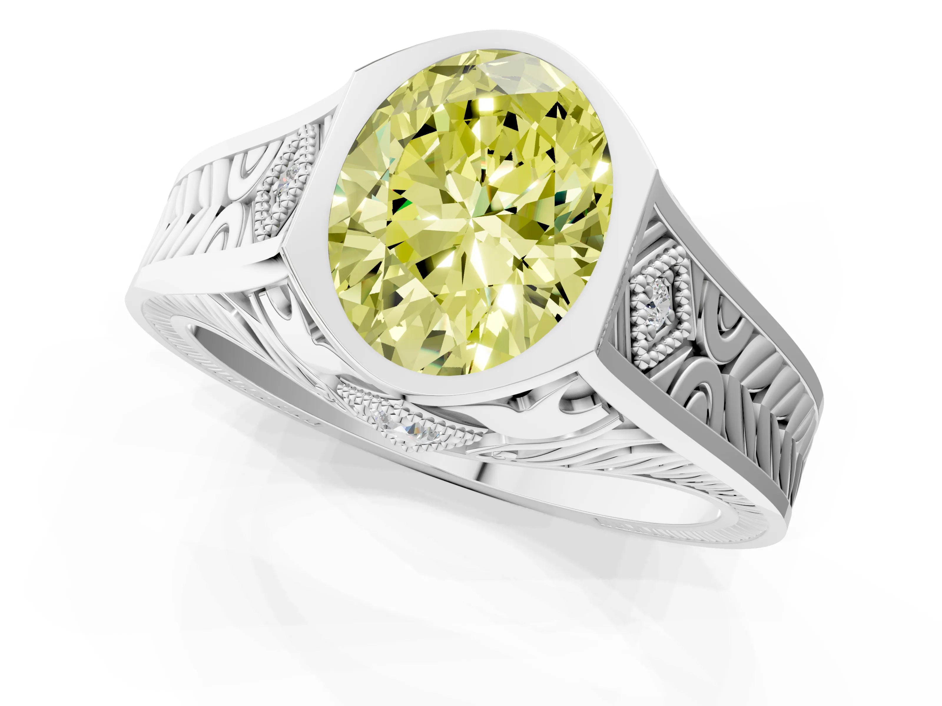 White gold Hexagonal Bezel Fancy Yellow Oval Cut Diamond Engraved Band Prong Ring_1