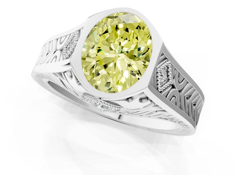 White gold Hexagonal Bezel Fancy Yellow Oval Cut Diamond Engraved Band Prong Ring_1