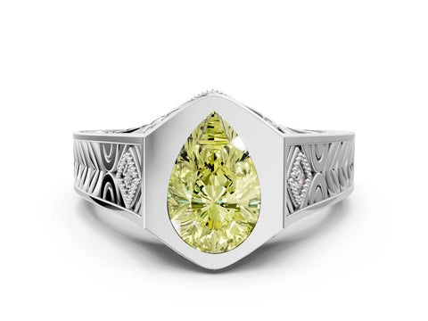 White gold Hexagonal Bezel Fancy Yellow Pear Cut Diamond Engraved Band Prong Ring_12