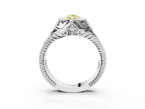 White gold Hexagonal Bezel Fancy Yellow Pear Cut Diamond Engraved Band Prong Ring_3
