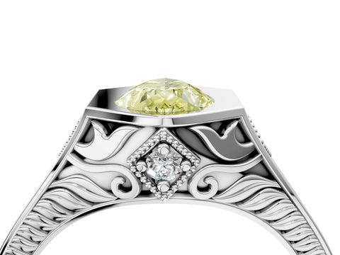White gold Hexagonal Bezel Fancy Yellow Pear Cut Diamond Engraved Band Prong Ring_4