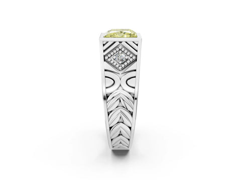 White gold Hexagonal Bezel Fancy Yellow Princess Cut Diamond Engraved Band Prong Ring_14