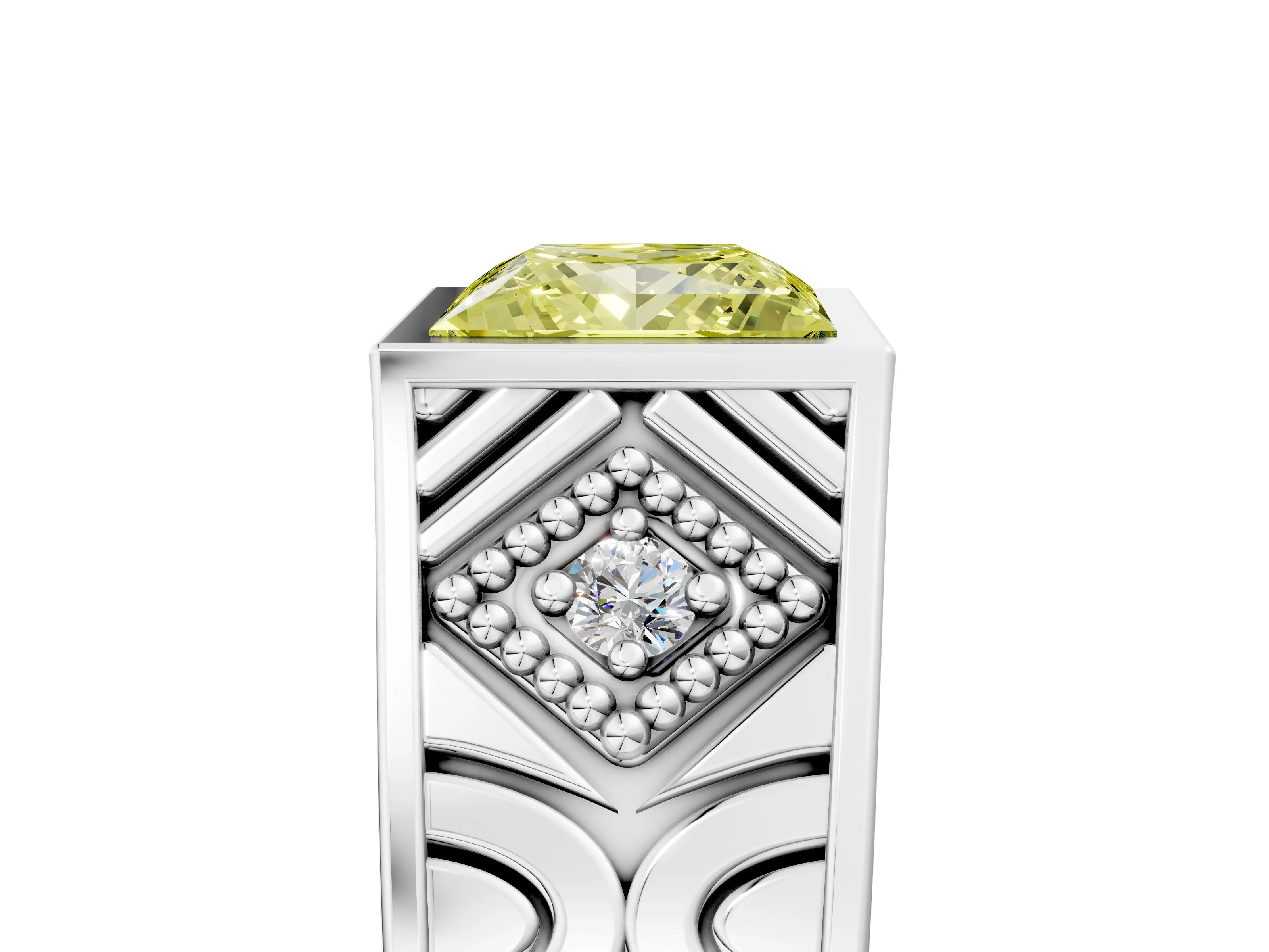 White gold Hexagonal Bezel Fancy Yellow Princess Cut Diamond Engraved Band Prong Ring_17
