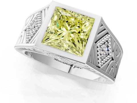 White gold Hexagonal Bezel Fancy Yellow Princess Cut Diamond Engraved Band Prong Ring_1