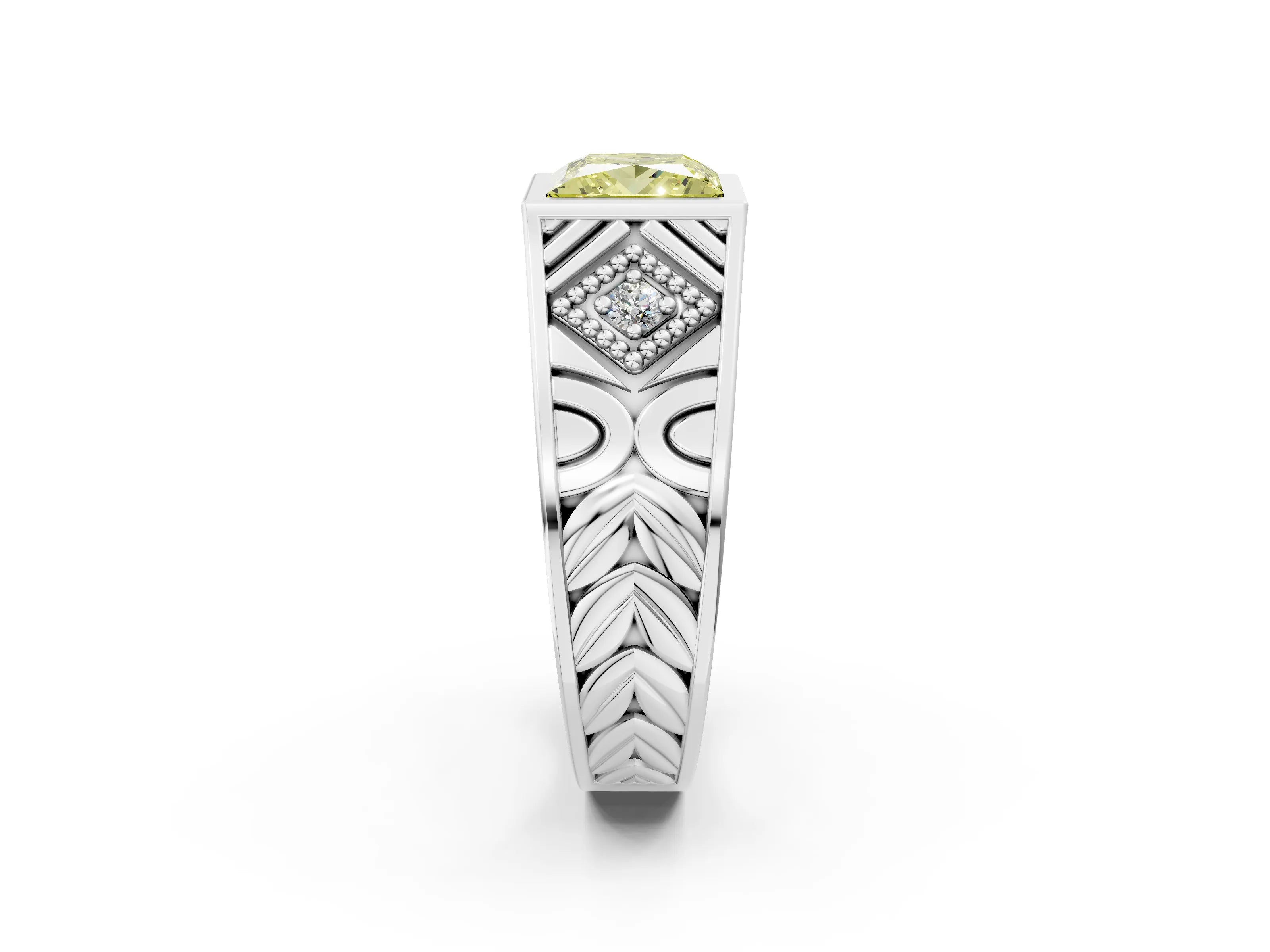 White gold Hexagonal Bezel Fancy Yellow Princess Cut Diamond Engraved Band Prong Ring_2