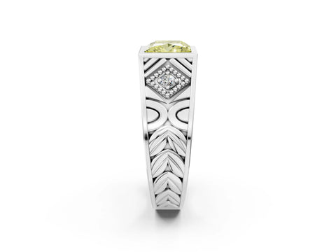 White gold Hexagonal Bezel Fancy Yellow Princess Cut Diamond Engraved Band Prong Ring_2