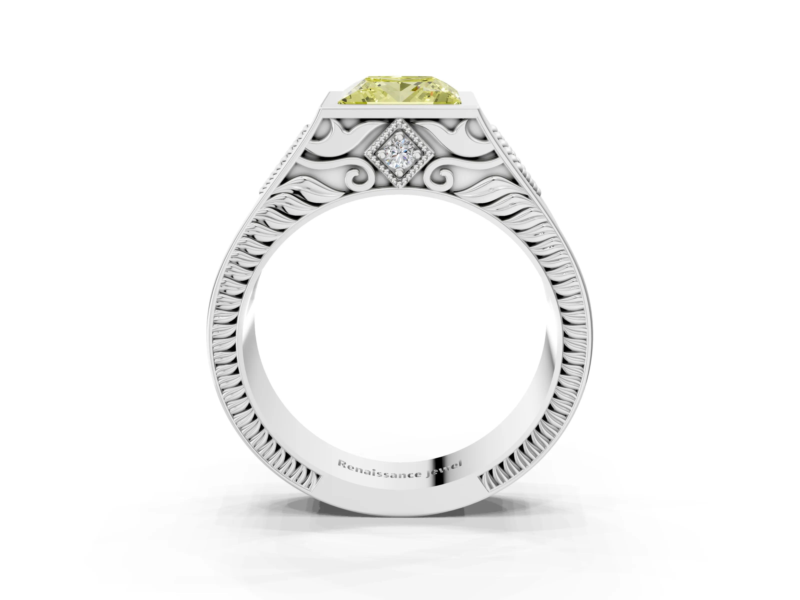 White gold Hexagonal Bezel Fancy Yellow Princess Cut Diamond Engraved Band Prong Ring_3