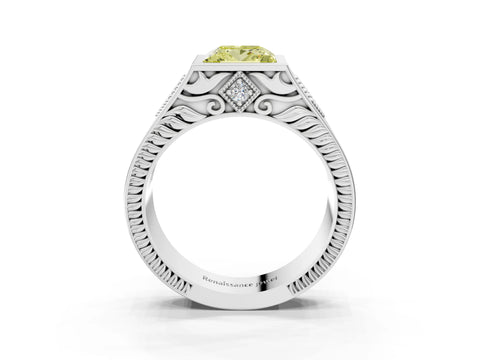 White gold Hexagonal Bezel Fancy Yellow Princess Cut Diamond Engraved Band Prong Ring_3
