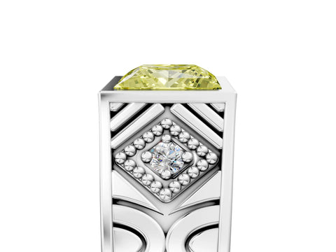 White gold Hexagonal Bezel Fancy Yellow Princess Cut Diamond Engraved Band Prong Ring_5