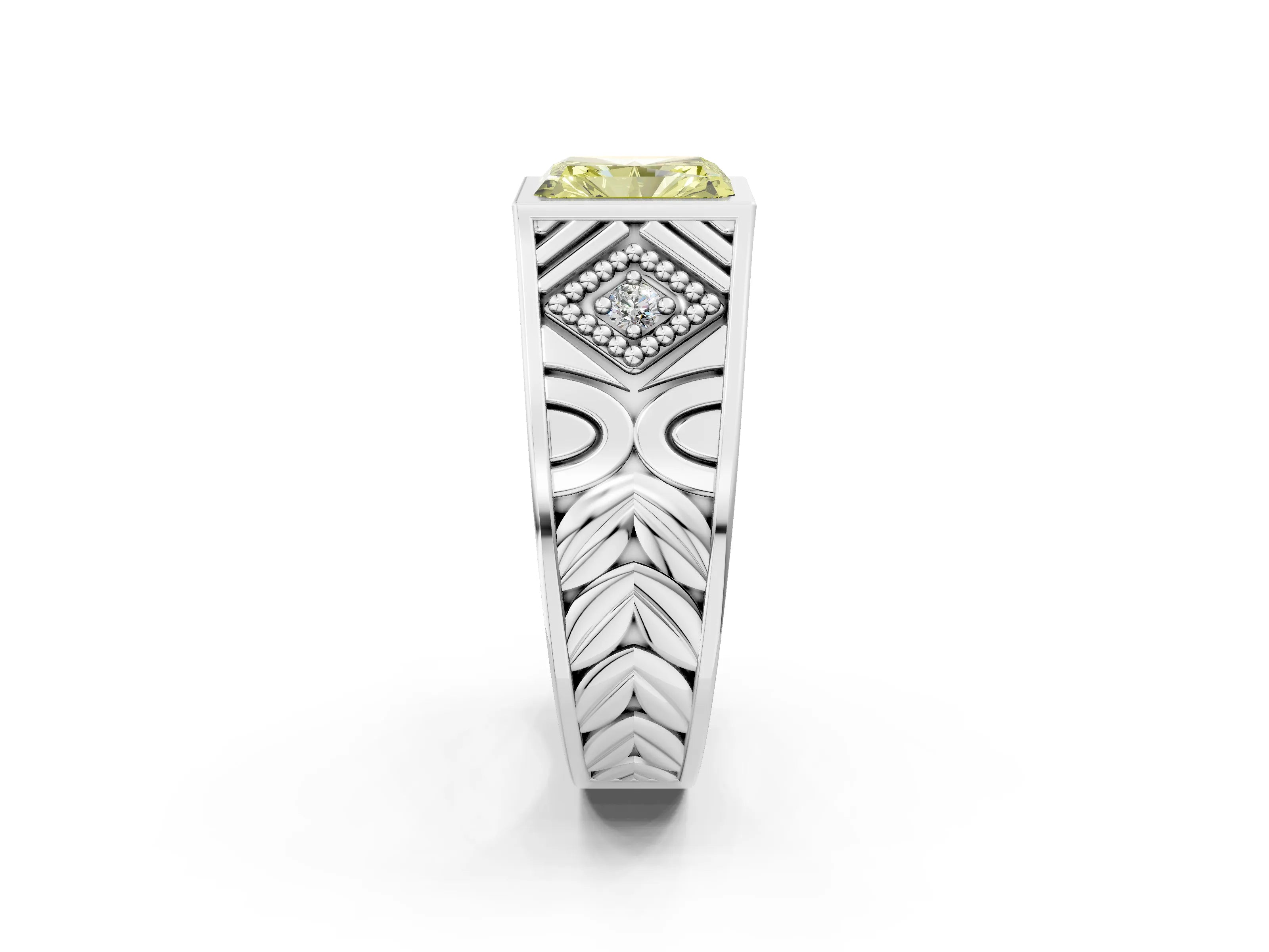 White gold Hexagonal Bezel Fancy Yellow Radiant Cut Diamond Engraved Band Prong Ring_2