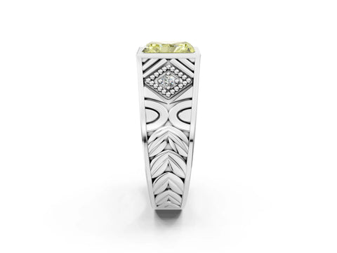 White gold Hexagonal Bezel Fancy Yellow Radiant Cut Diamond Engraved Band Prong Ring_2
