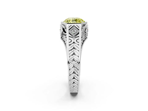 White gold Hexagonal Bezel Fancy Yellow Round Cut Diamond Engraved Band Prong Ring_2