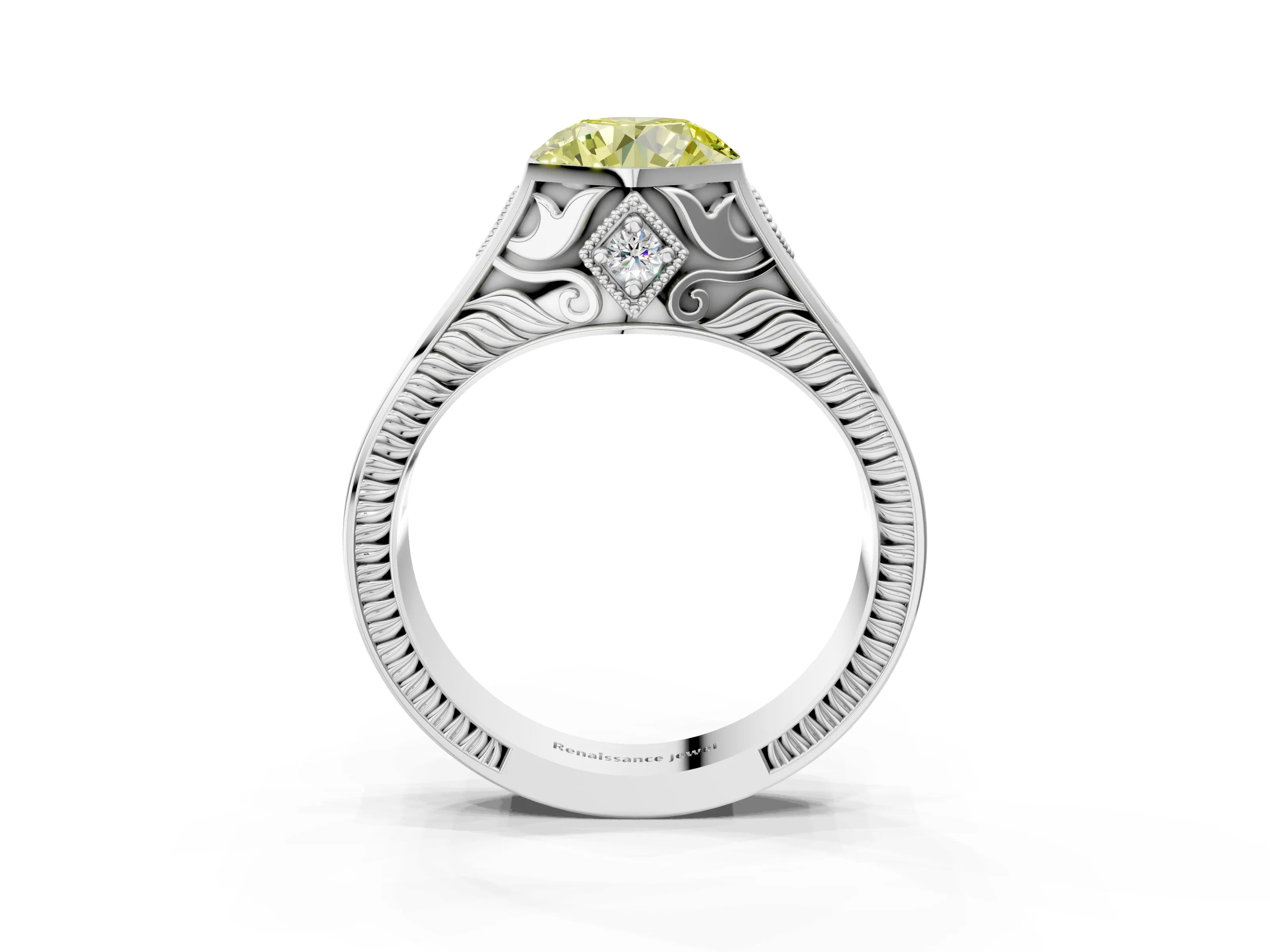 White gold Hexagonal Bezel Fancy Yellow Round Cut Diamond Engraved Band Prong Ring_3