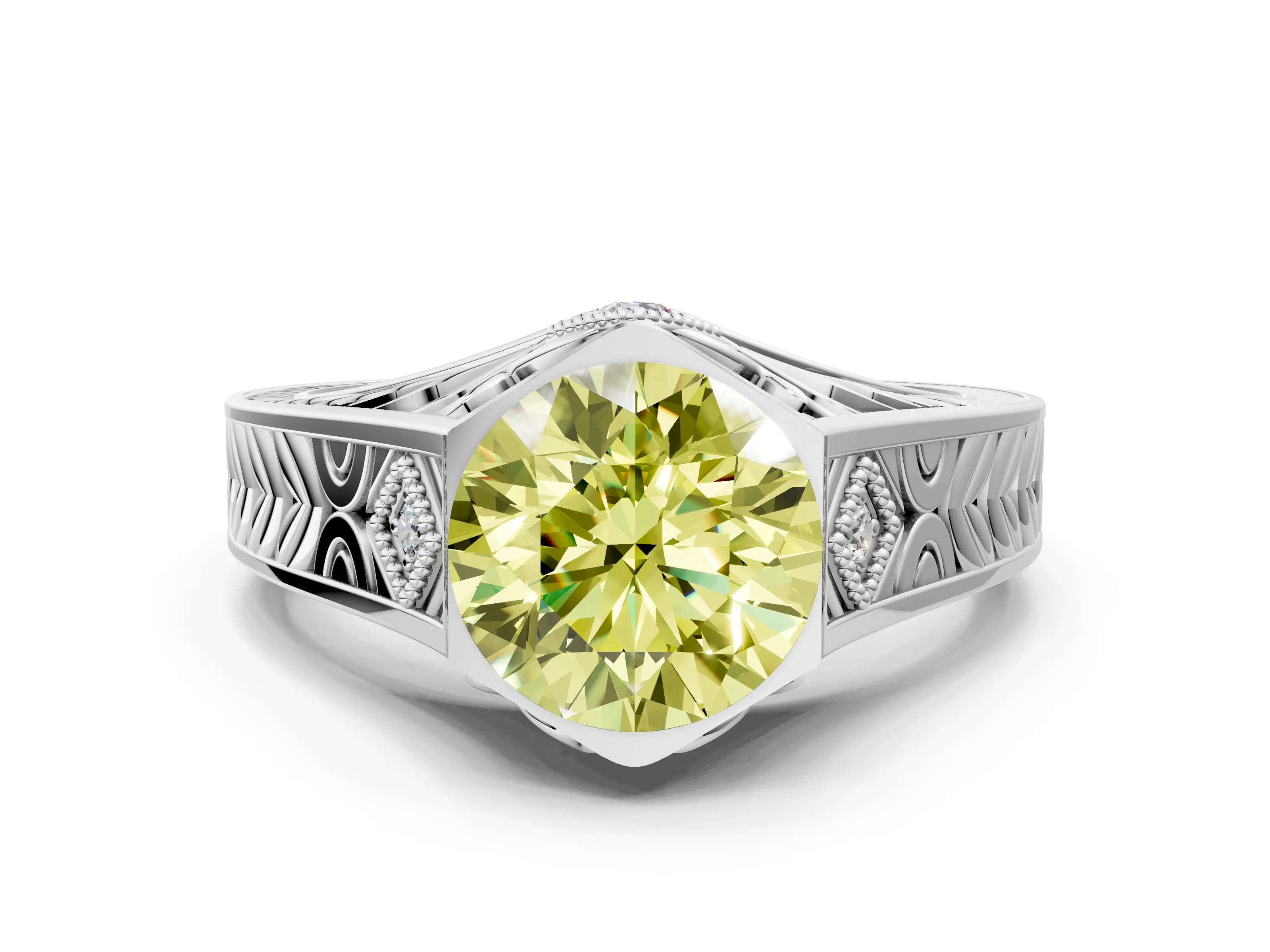 White gold Hexagonal Bezel Fancy Yellow Round Cut Diamond Engraved Band Prong Ring