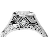 White gold Hexagonal Bezel Heart Diamond Engraved Band Prong Ring_10