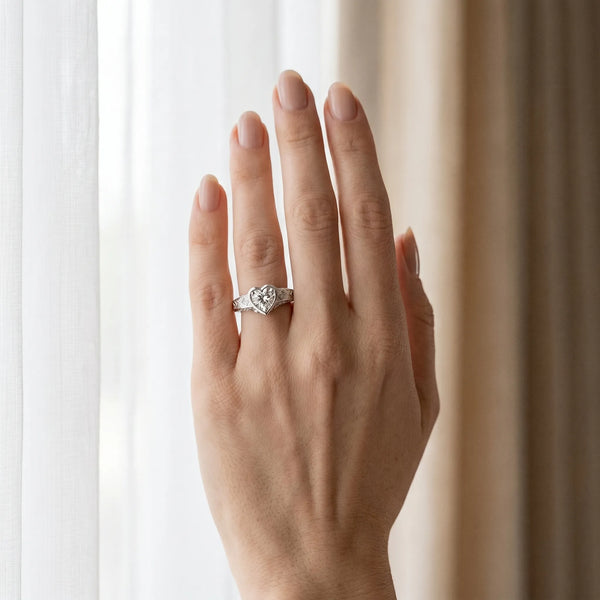 White gold Hexagonal Bezel Heart Diamond Engraved Band Ring