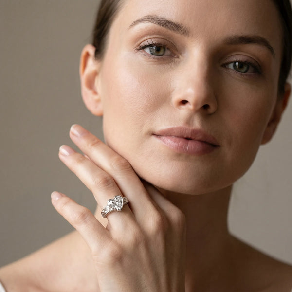 White gold Hexagonal Bezel Heart Diamond Engraved Band Ring