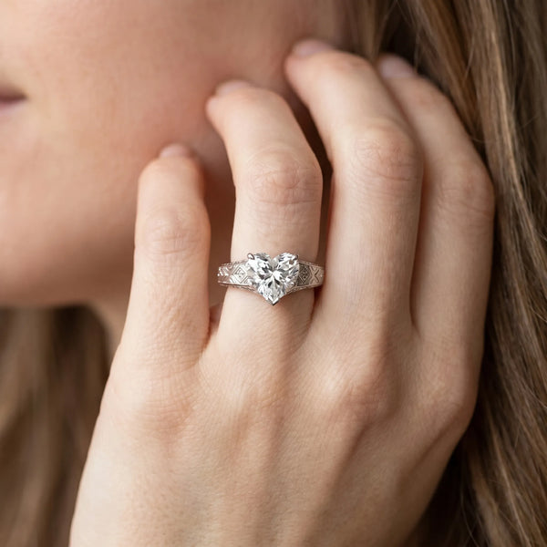 White gold Hexagonal Bezel Heart Diamond Engraved Band Ring
