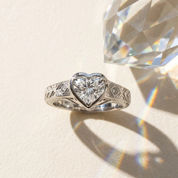 Platinum Heart-Shaped Vintage Bezel Engagement Ring Setting with Engraved Band