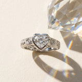 White gold Hexagonal Bezel Heart Diamond Engraved Band Ring_9