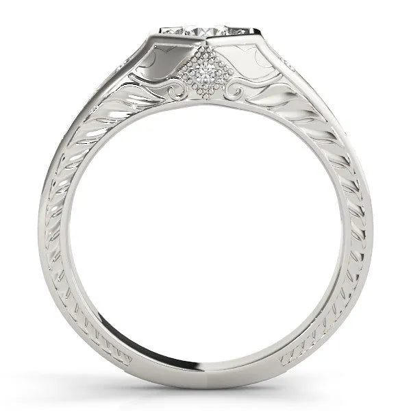 White gold Hexagonal Bezel Marquise Diamond Engraved Band Prong Ring